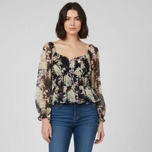 Lulus Top Womens Small Floral Smocked Peplum Crop Long Sleeve Black Multi